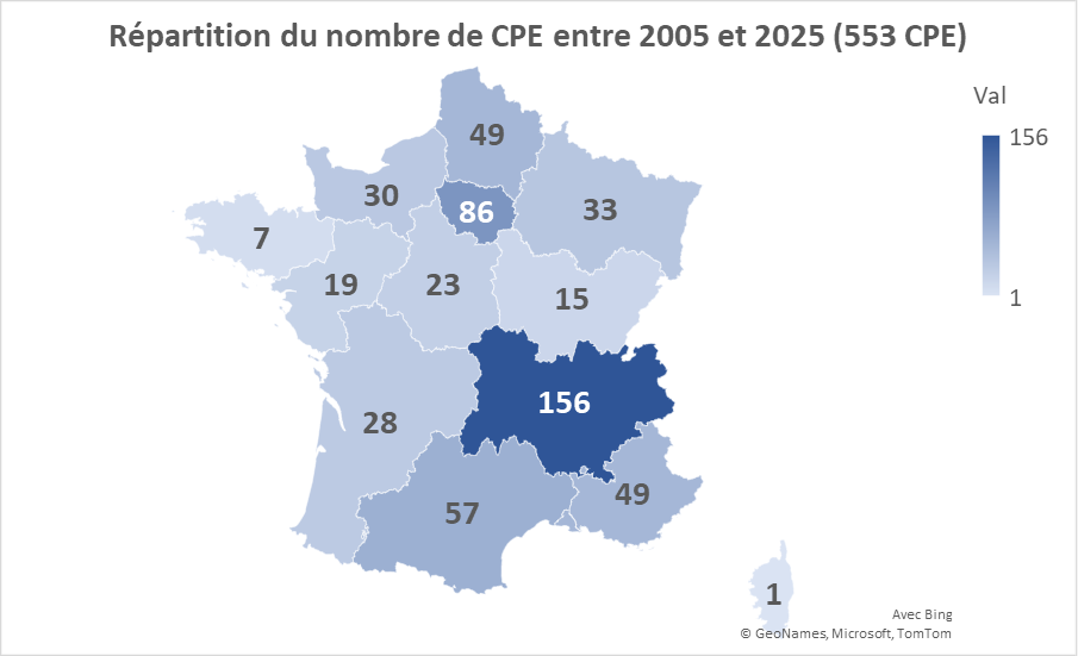 Répartition du nombre de CPE entre 2005 et 2025 (553 CPE)